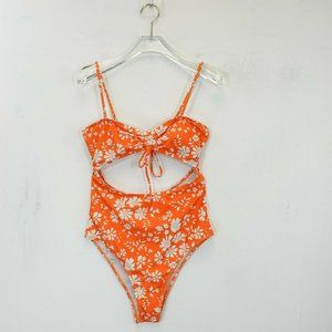 Women's Orange One Piece Swimsuit SMALL Floral Strappy Draw-String‎ Cut Out